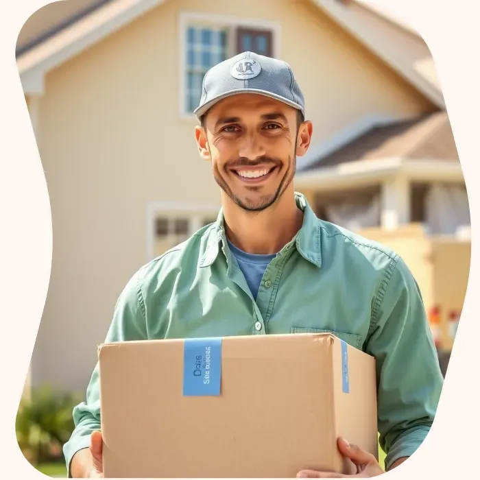 Two removalists moving boxes up stairs